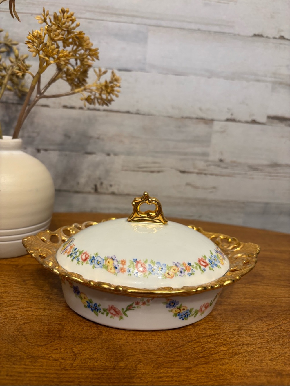 Floral Gold-Trim Covered Dish Mini/ Trinket Box